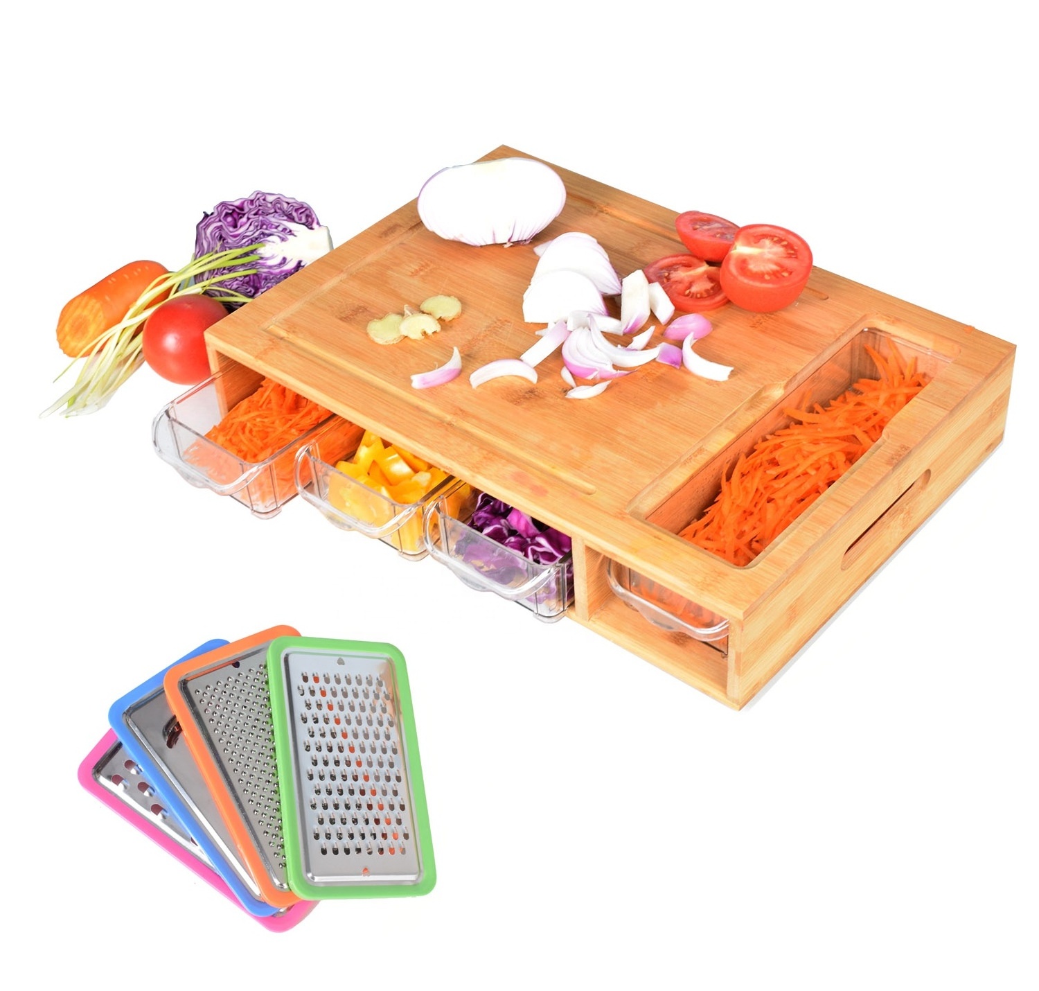 Wholesale Bamboo Wood Chopping Board with Juice Grooves Cutting Board Include 4 Containers for Kitchen Food Storage