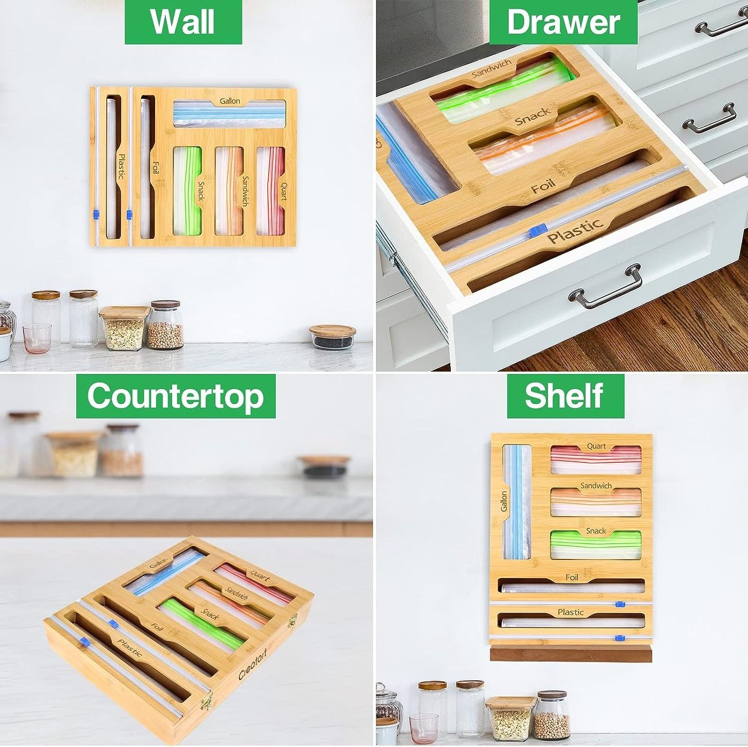 Hot Selling 2024 New Kitchen Drawer Organizer Box Wall Mounted 6 IN 1 Bamboo Wrap Dispenser with Cutter Ziplock Bag Organizer