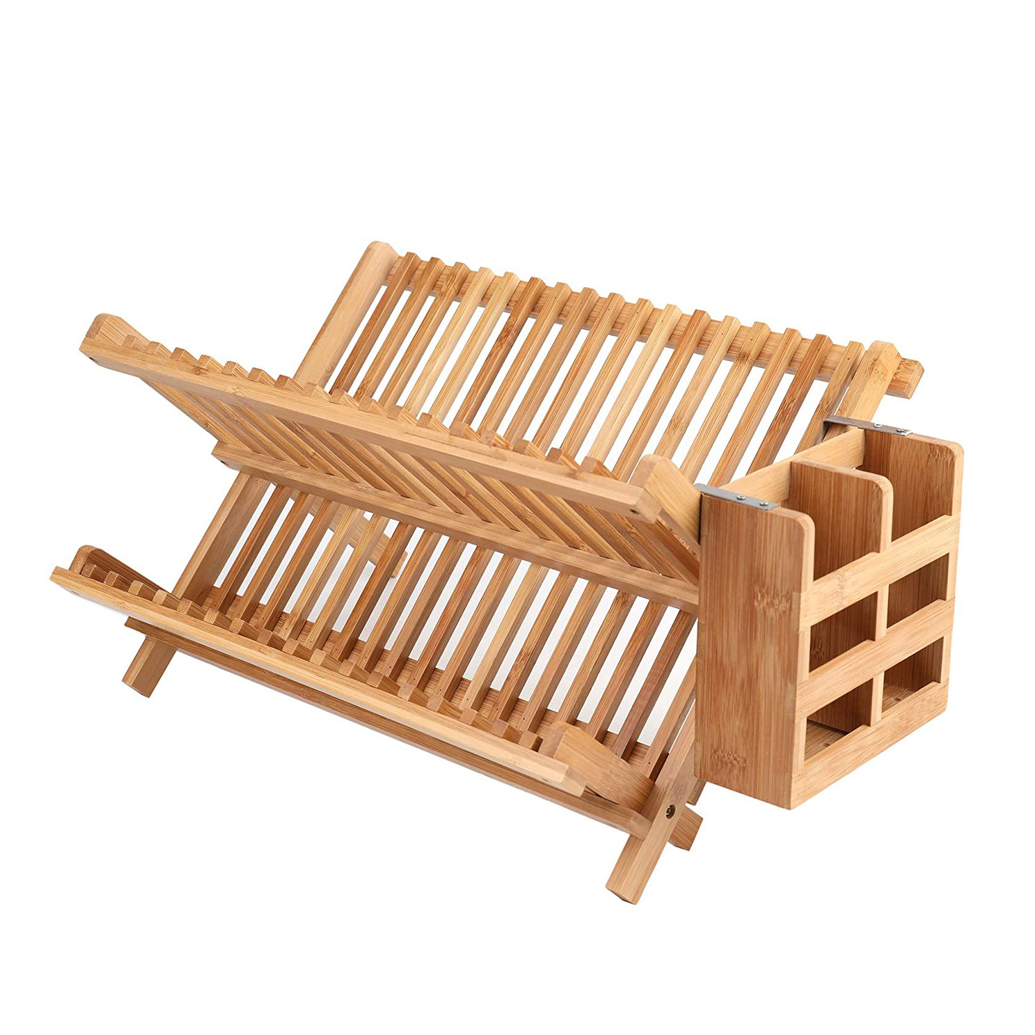 Collapsible Bamboo Dish Drainer Plate Storage Holder for Kitchen Countertop Dish Drying Rack with Utensil Holder