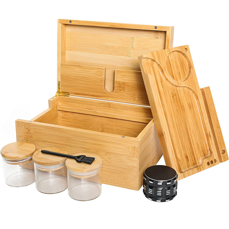 Natural Bamboo Stash Box with Rolling Tray for Herbs and Accessories Store Grinders