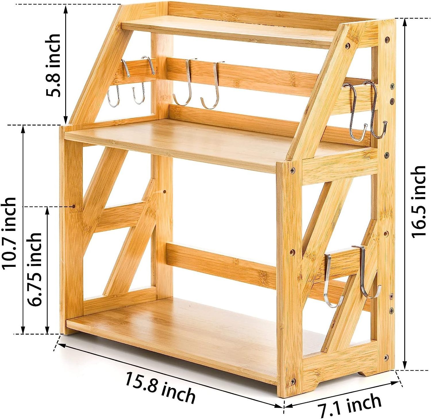 3 Tier  Kitchen Countertop Organizer Standing Pantry Shelf Storage Shelves Bamboo Spice Rack with Hooks