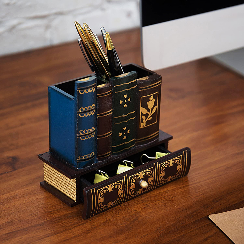 Custom resin office with desk pencil holder vintage book shaped bottom with drawer to store pen holder