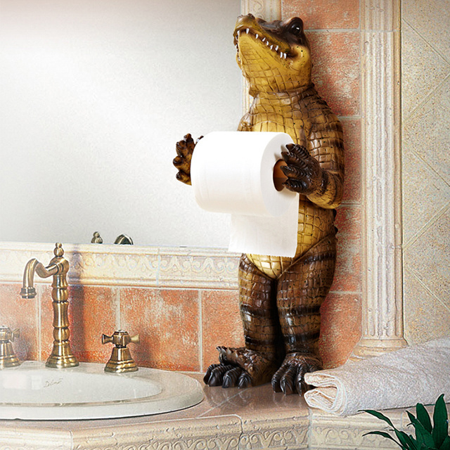 OEM Custom unique animal crocodile design tissue paper roll towel holder home 3D resin standing alligator toilet paper holder