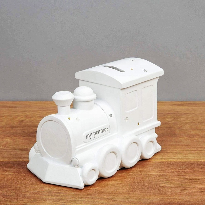 Custom Christmas gift piggy bank for kids unpainted resin 3D small train shape money coin savings box