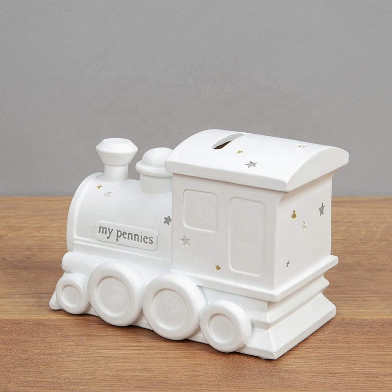 Custom Christmas gift piggy bank for kids unpainted resin 3D small train shape money coin savings box