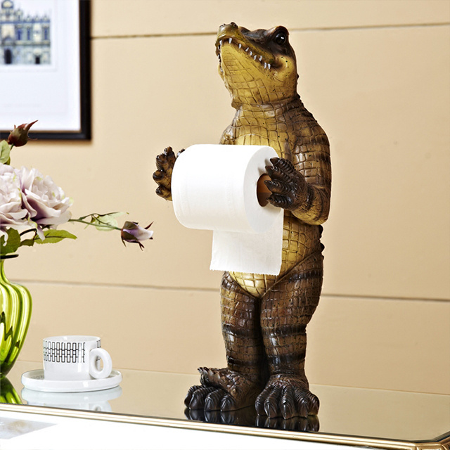 OEM Custom unique animal crocodile design tissue paper roll towel holder home 3D resin standing alligator toilet paper holder