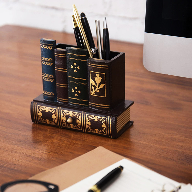 Custom resin office with desk pencil holder vintage book shaped bottom with drawer to store pen holder