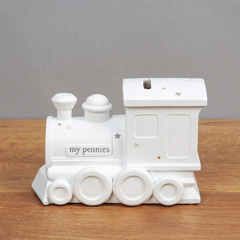 Custom Christmas gift piggy bank for kids unpainted resin 3D small train shape money coin savings box