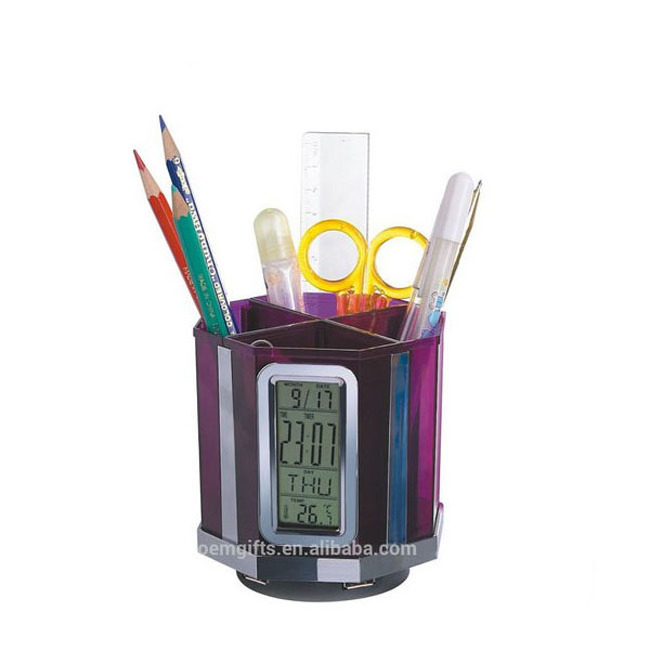 New Design Brush Pot Pen Holder With Digital Calendar Clock And 4 Ports USB Hub