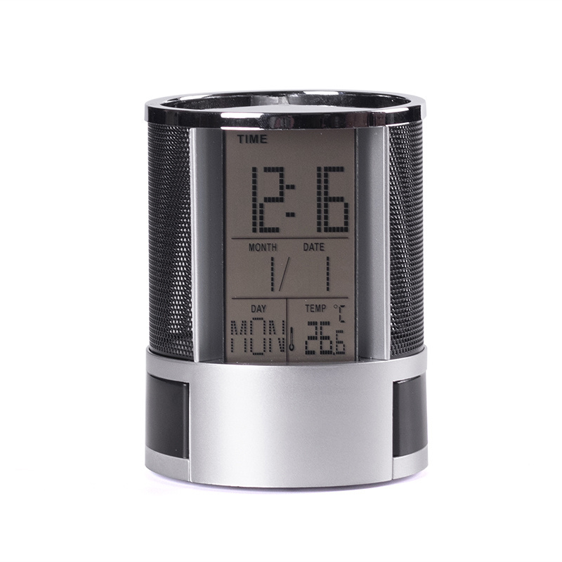 Hot Selling Cylindrical LCD Display Calender, Wire Mesh Pen Holder Pencil Holder With Clock