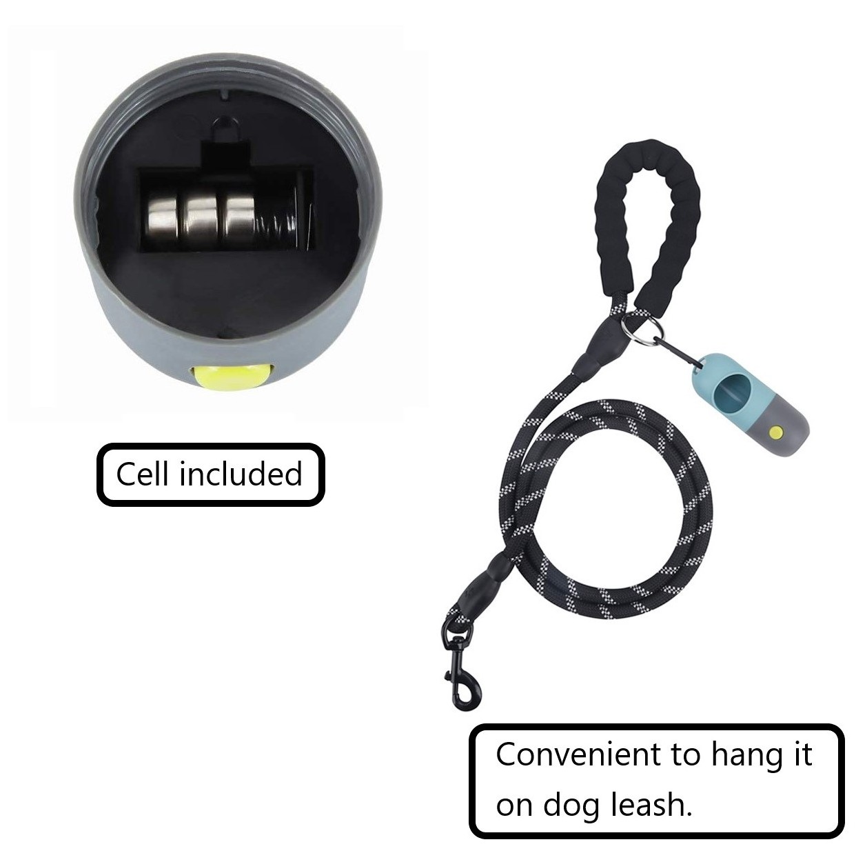 Dog Poop Bag Dispenser With Safe LED Flashlight and 1 Rolls Leak-Proof Doggy Poop Waste Bags