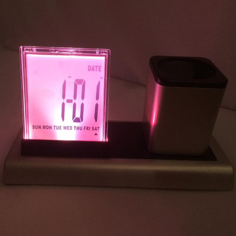 Unionpromo custom 7 colors plastic pen holder with digital clock