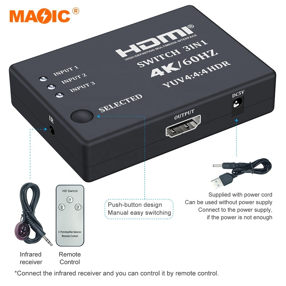 3 Port HDMI Switch 4K 60Hz Multiviewer HDMI 2.0 Switcher 3X1