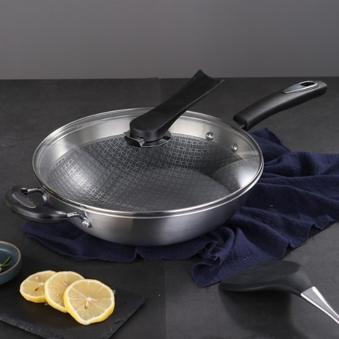 Promo kitchenware smokeless pan health preserving cookware 304 stainless steel non-stick wok