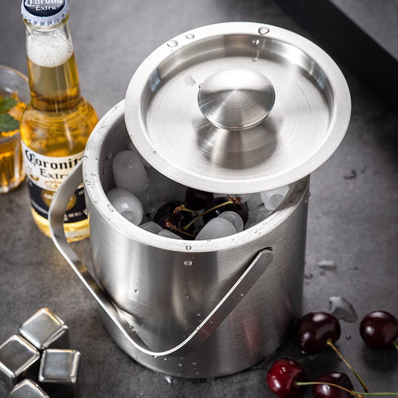 1.3 Liter Metal Stainless Steel Double Wall Ice Bucket Wine Cooler Bottle Chiller With Handle And Lid