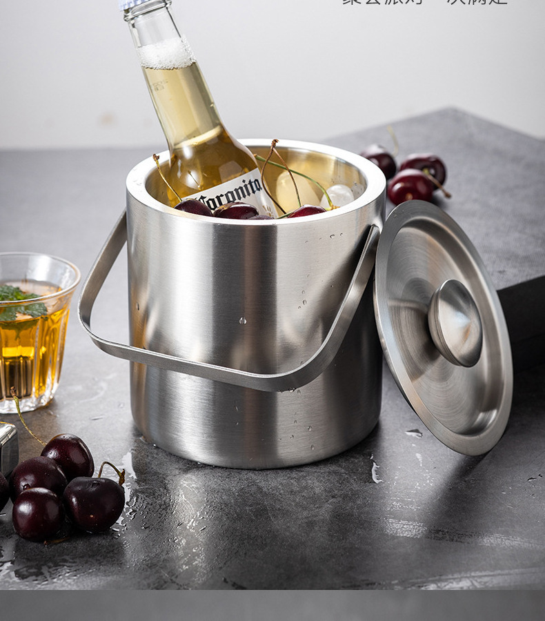 1.3 Liter Metal Stainless Steel Double Wall Ice Bucket Wine Cooler Bottle Chiller With Handle And Lid