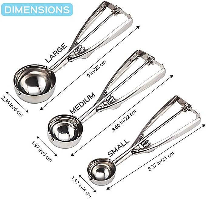 Promo top seller eco-friendly ice cream scoop Cookie Scoop for Baking 3pcs Stainless Steel Ice Cream Scoop Set