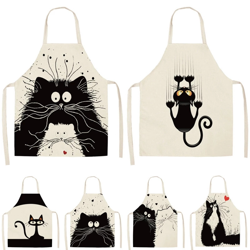 Kitchen Baking Accessories Cooking Apron Cute Cat Printed Home Sleeveless Cotton Linen Aprons