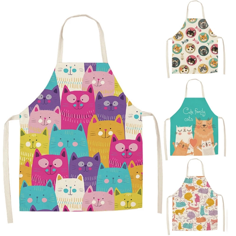 In Stock Kitchen Apron Cute Cartoon Cat Printed Sleeveless Cotton Linen Aprons for Men Women