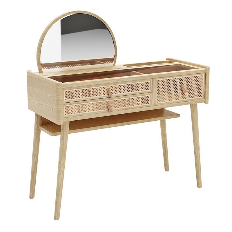 Bedroom Furniture Wood Vanity Drawer Rattan Wooden Drawers Modern Mirror Dressing Table Makeup Table Dresser Set