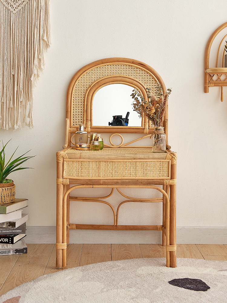 Bedroom Furniture Wood Dresser With Mirror Drawer Rattan Vanity Set Chair Wooden Dressing Table Makeup