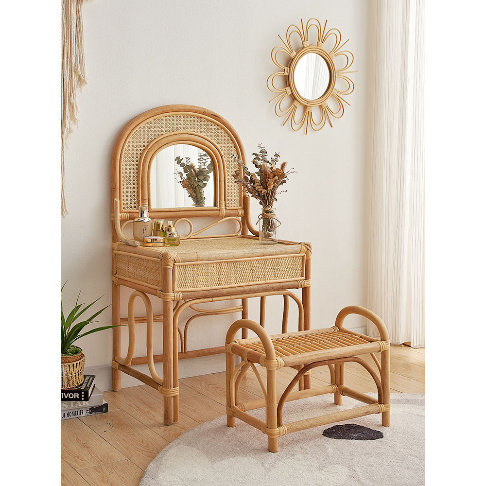 Bedroom Furniture Wood Dresser With Mirror Drawer Rattan Vanity Set Chair Wooden Dressing Table Makeup