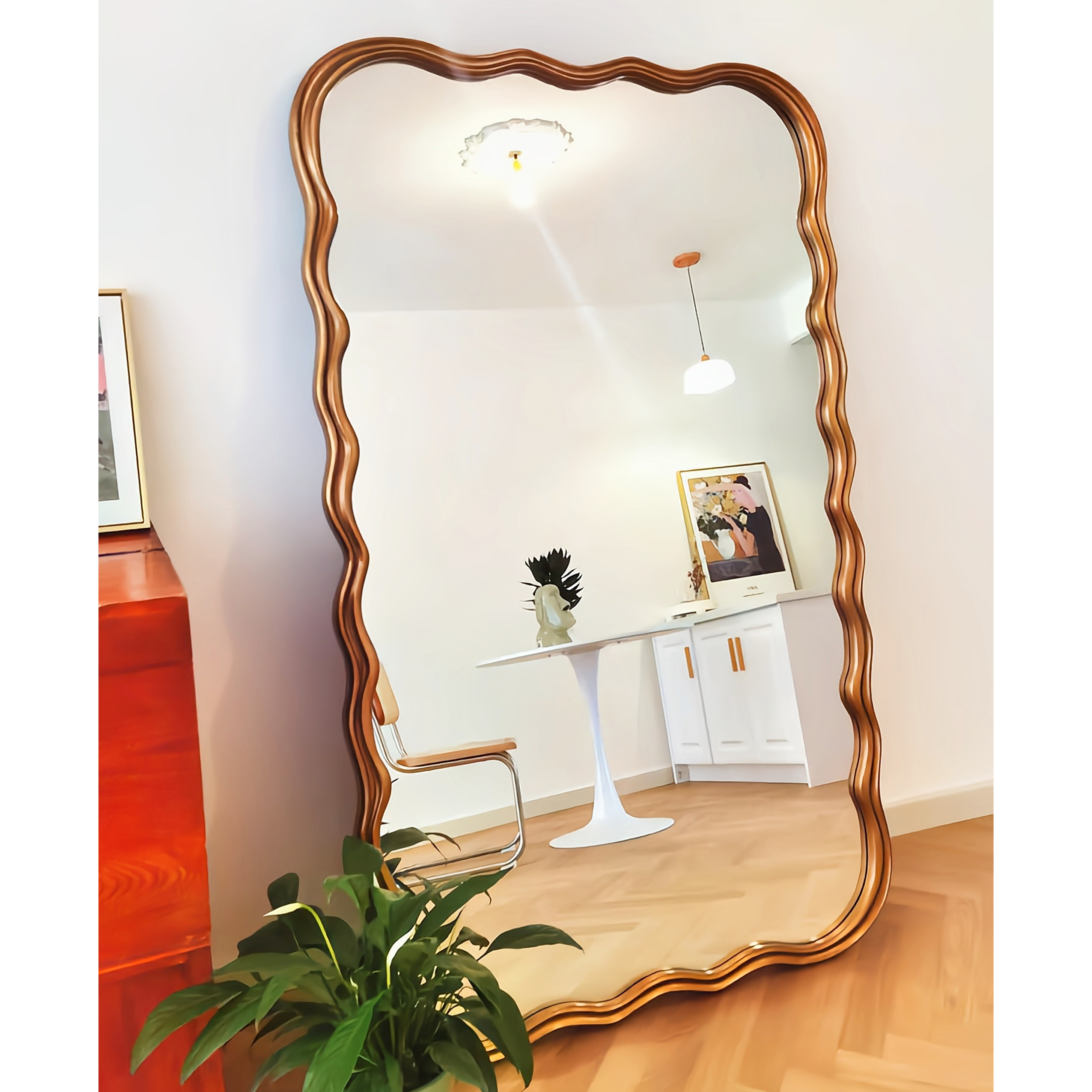 Antique Decorative Wave Floor Wall Mirrors Large Gold Wood Standing Decoration Glass Extra Modern Wooden Mirror Frame Design