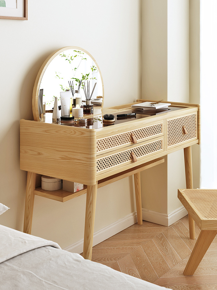 Bedroom Furniture Wood Vanity Drawer Rattan Wooden Drawers Modern Mirror Dressing Table Makeup Table Dresser Set