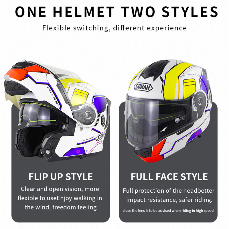 SOMAN SM965 Motorcycle Helmets Dual Lens Flip up Casco with Big Vents Cool Fashion Helmet  For Approved Bluetooth