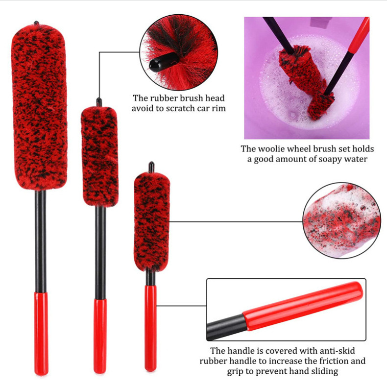 Long Handle premium microfiber soft Red wool hair car detailing wheel cleaning brush rim hub brush