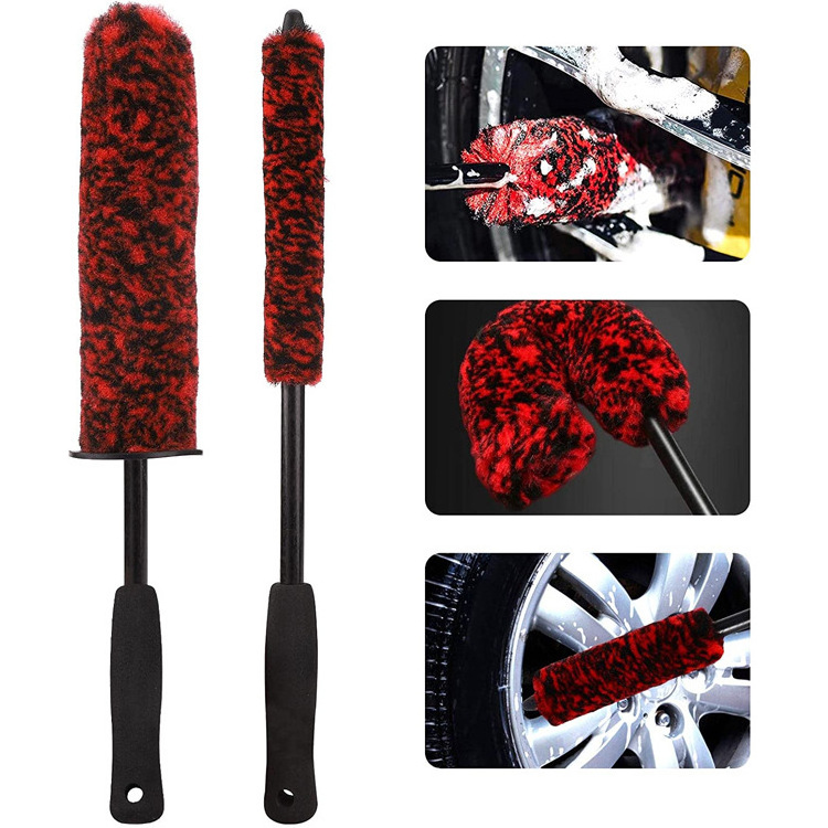 Long Handle premium microfiber soft Red wool hair car detailing wheel cleaning brush rim hub brush