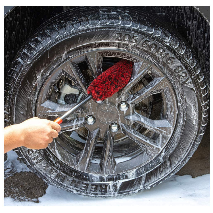 Long Handle premium microfiber soft Red wool hair car detailing wheel cleaning brush rim hub brush