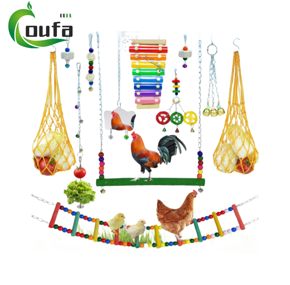 12 Pack Chicken  Coop Accessories Vegetable Fruits Skewer Hanging Net Mirror Bell Ladder Swings Perch Toy For Hens Parrot Bird