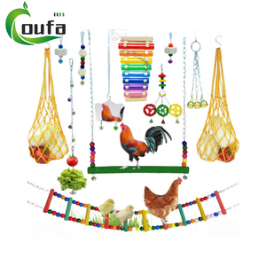 12 Pack Chicken  Coop Accessories Vegetable Fruits Skewer Hanging Net Mirror Bell Ladder Swings Perch Toy For Hens Parrot Bird