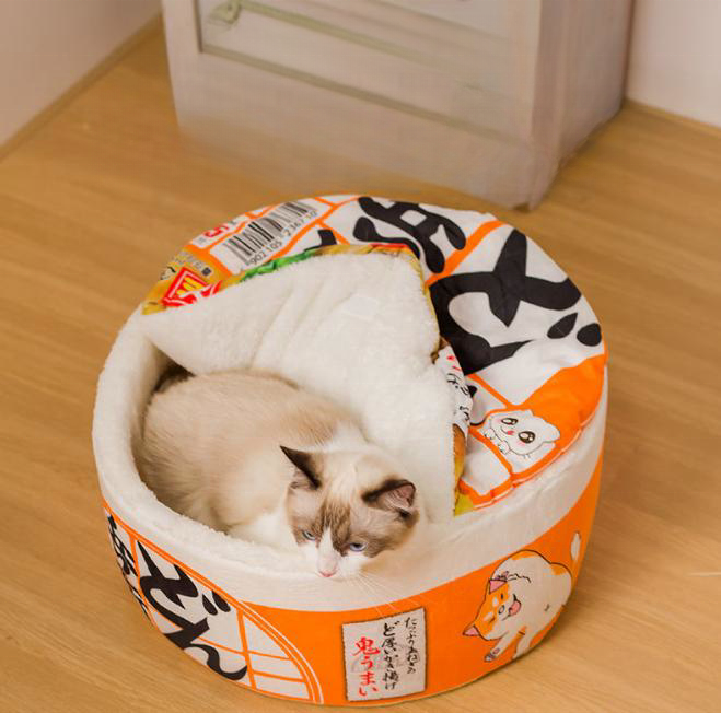 Ramen Noodle Cat Bed Cute Keep Warm and Super Soft Creative Pet Nest Pets Beds for Indoor Cats Removable Washable Cushion