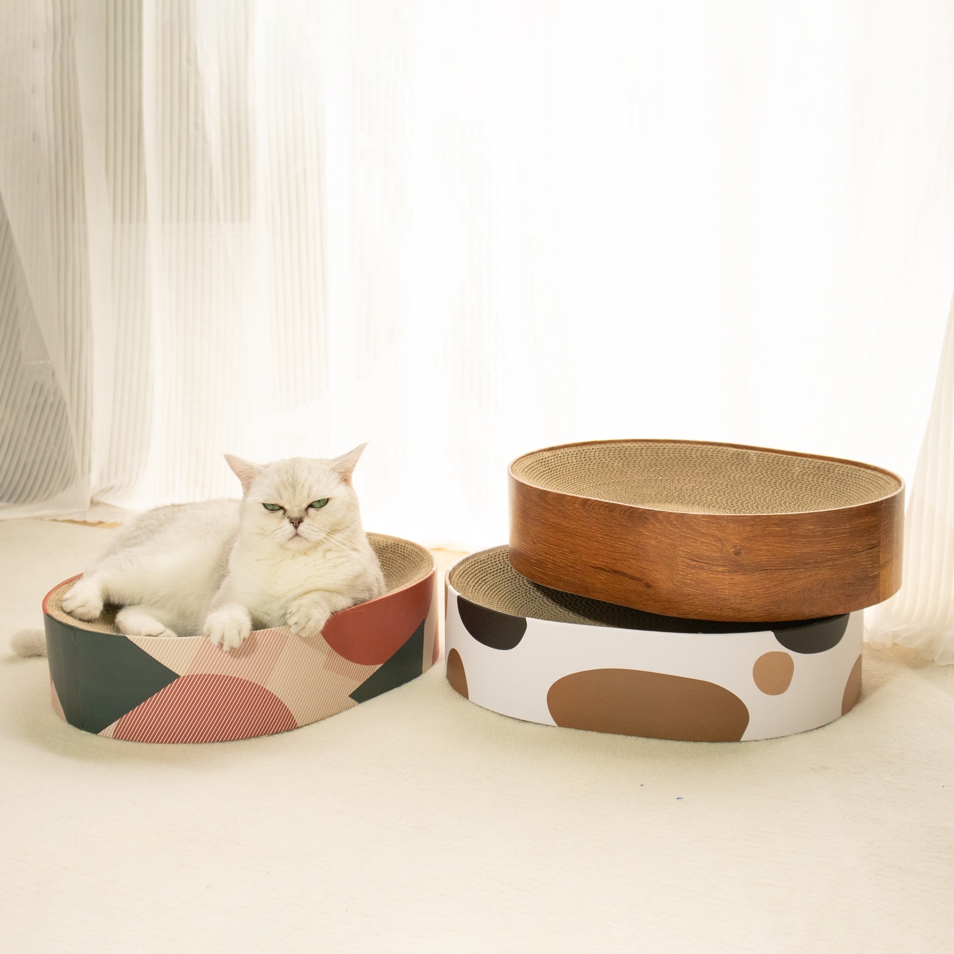 OUFA Round cat scratching board socket is resistant to crumbs cat scratching bowl corrugated paper cat scratching board