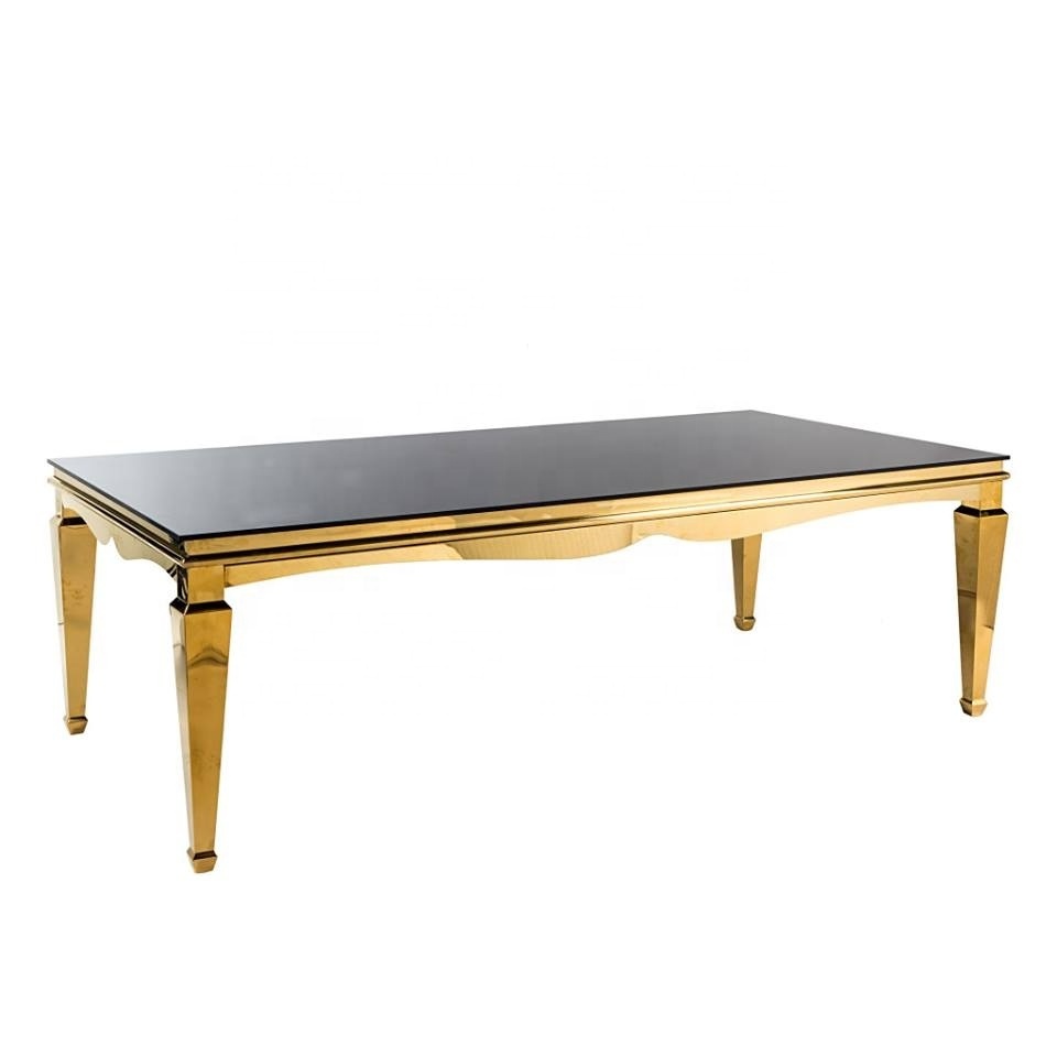 High End Gold Stainless Steel Base Glass Tables For Weddings