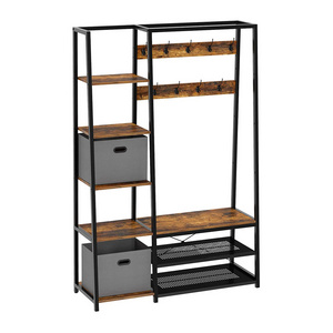 Entryway Shelf with 5 Side Shelves Storage Bench Coat Stand with 2 Foldable Storage Cubes and 9 Hooks