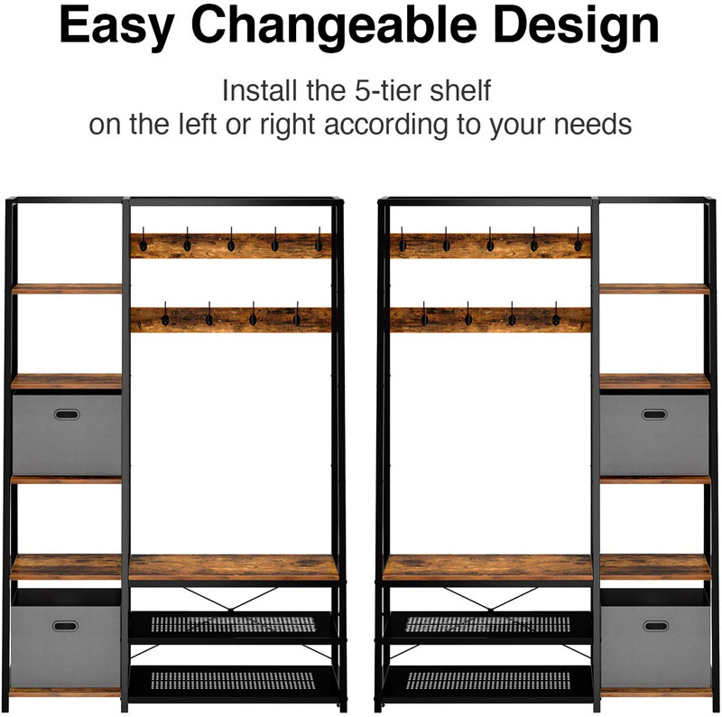 Entryway Shelf with 5 Side Shelves Storage Bench Coat Stand with 2 Foldable Storage Cubes and 9 Hooks