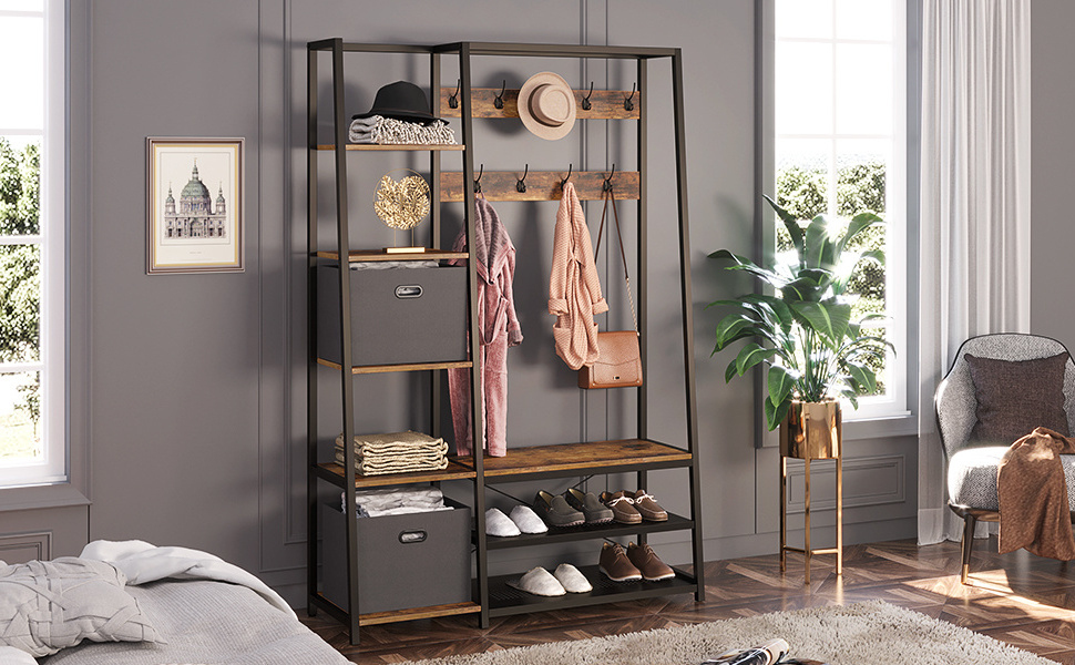 Entryway Shelf with 5 Side Shelves Storage Bench Coat Stand with 2 Foldable Storage Cubes and 9 Hooks