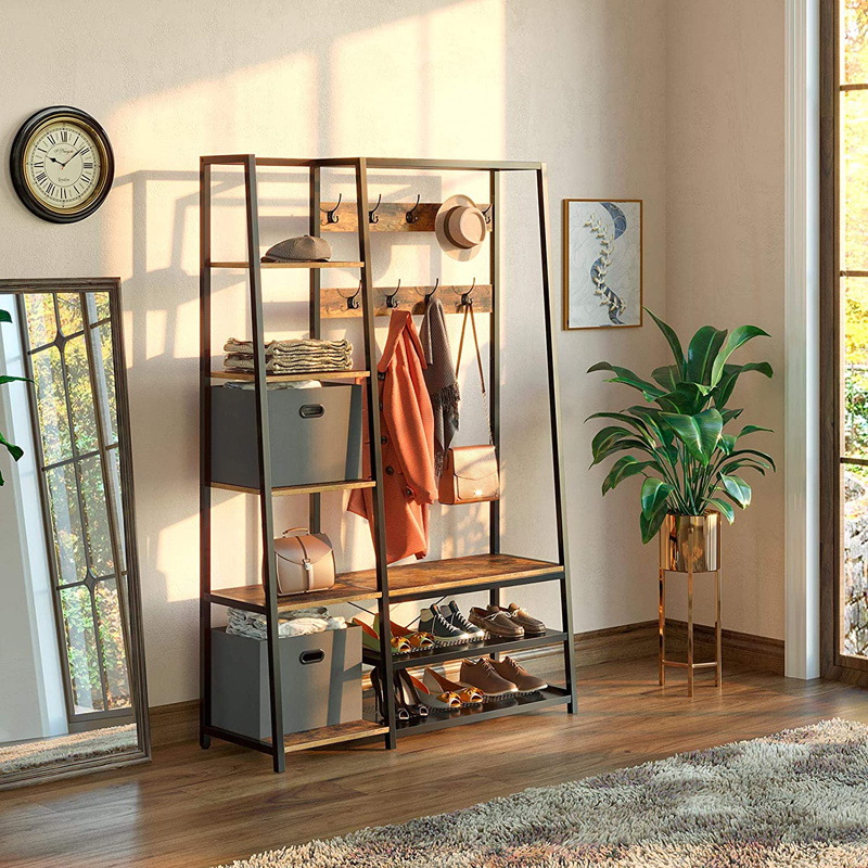 Entryway Shelf with 5 Side Shelves Storage Bench Coat Stand with 2 Foldable Storage Cubes and 9 Hooks