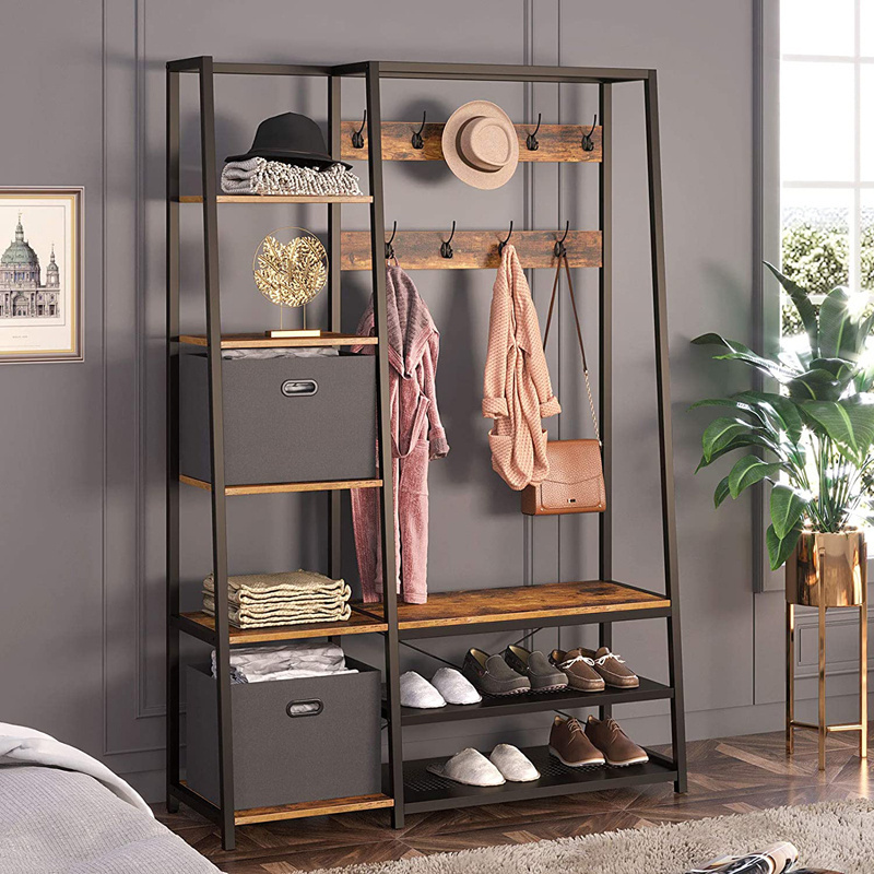 Entryway Shelf with 5 Side Shelves Storage Bench Coat Stand with 2 Foldable Storage Cubes and 9 Hooks