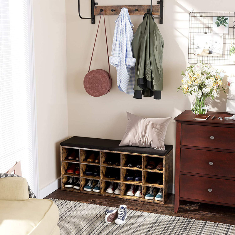 Rustic Brown Multi-capacity Storage Shoe Rack 15-Cube Storage Bench Shoe Rack with Seat Cushion