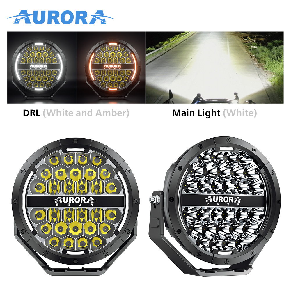 AURORA Dual-color DRL Offroad Driving Light Round LED Work Light 9 inch Led Driving White and Yellow Light for Track