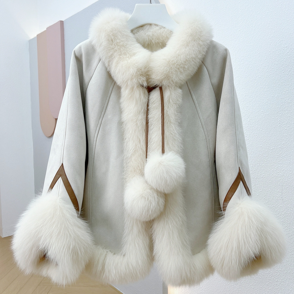 OFTBUY2023 Hot Selling Women Youthful Loose Cloak Jacket Real Fur Outerwear White Goose Down Inner Liner Sweet Fur Down Cloak