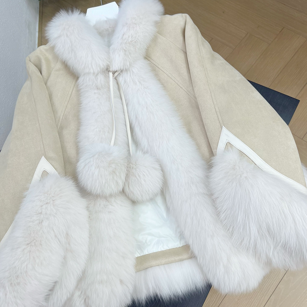 OFTBUY2023 Hot Selling Women Youthful Loose Cloak Jacket Real Fur Outerwear White Goose Down Inner Liner Sweet Fur Down Cloak