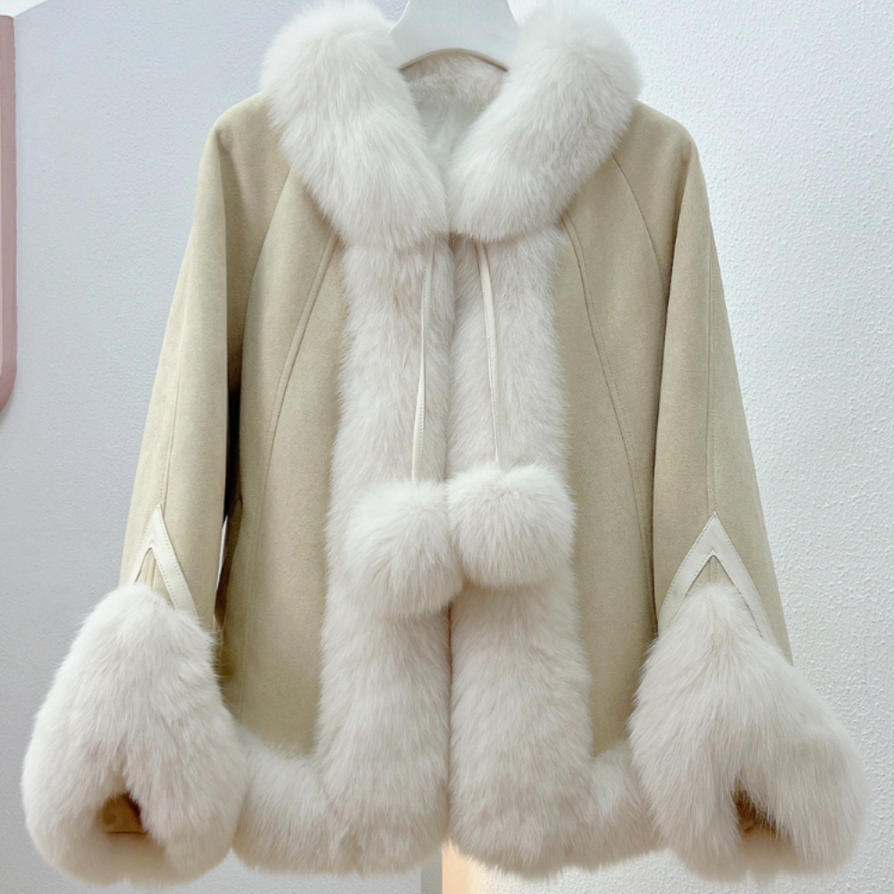 OFTBUY2023 Hot Selling Women Youthful Loose Cloak Jacket Real Fur Outerwear White Goose Down Inner Liner Sweet Fur Down Cloak