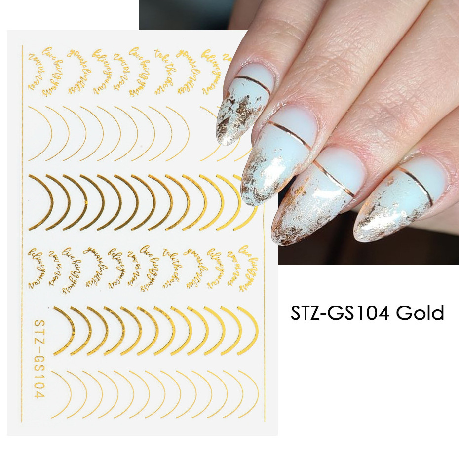 1pc 3D Self-Adhesive Nail Sticker Decals Rose Gold Silver Gold French Lines Arc Water Waves Design Decal Nails Manicure Decor