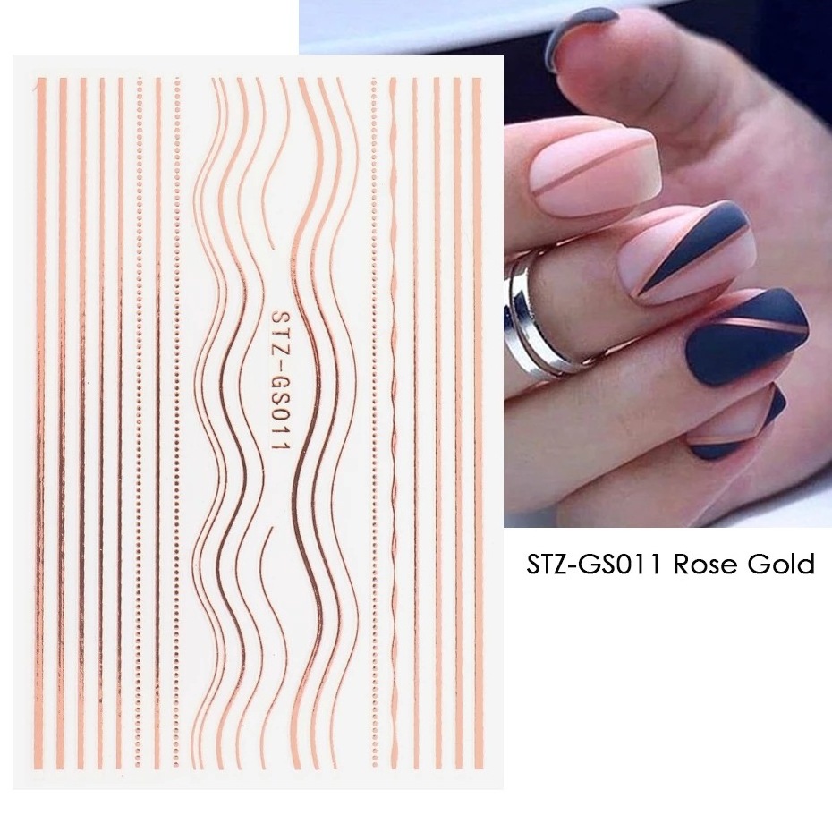 1pc 3D Self-Adhesive Nail Sticker Decals Rose Gold Silver Gold French Lines Arc Water Waves Design Decal Nails Manicure Decor