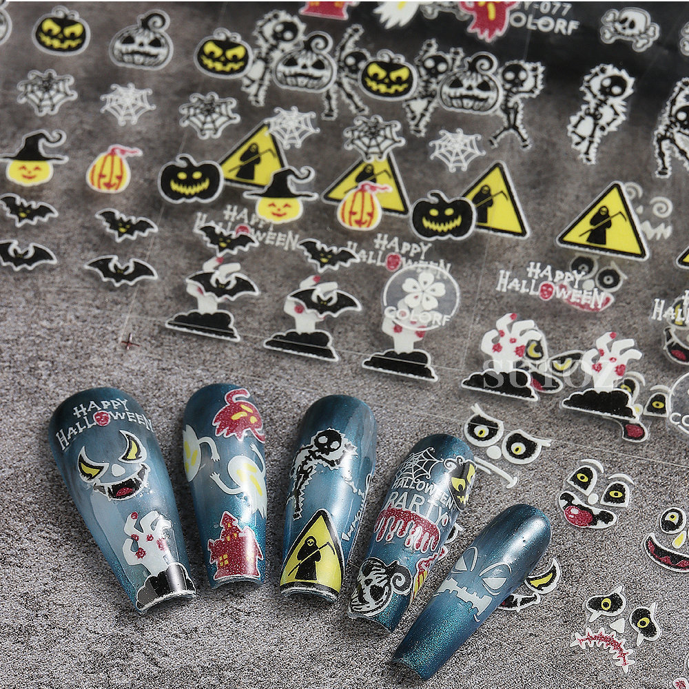 2023 Halloween Nail Stickers Funny Skulls Ghost Little Monster 3D Luminous Halloween 3d Nail Art Sticker Decals